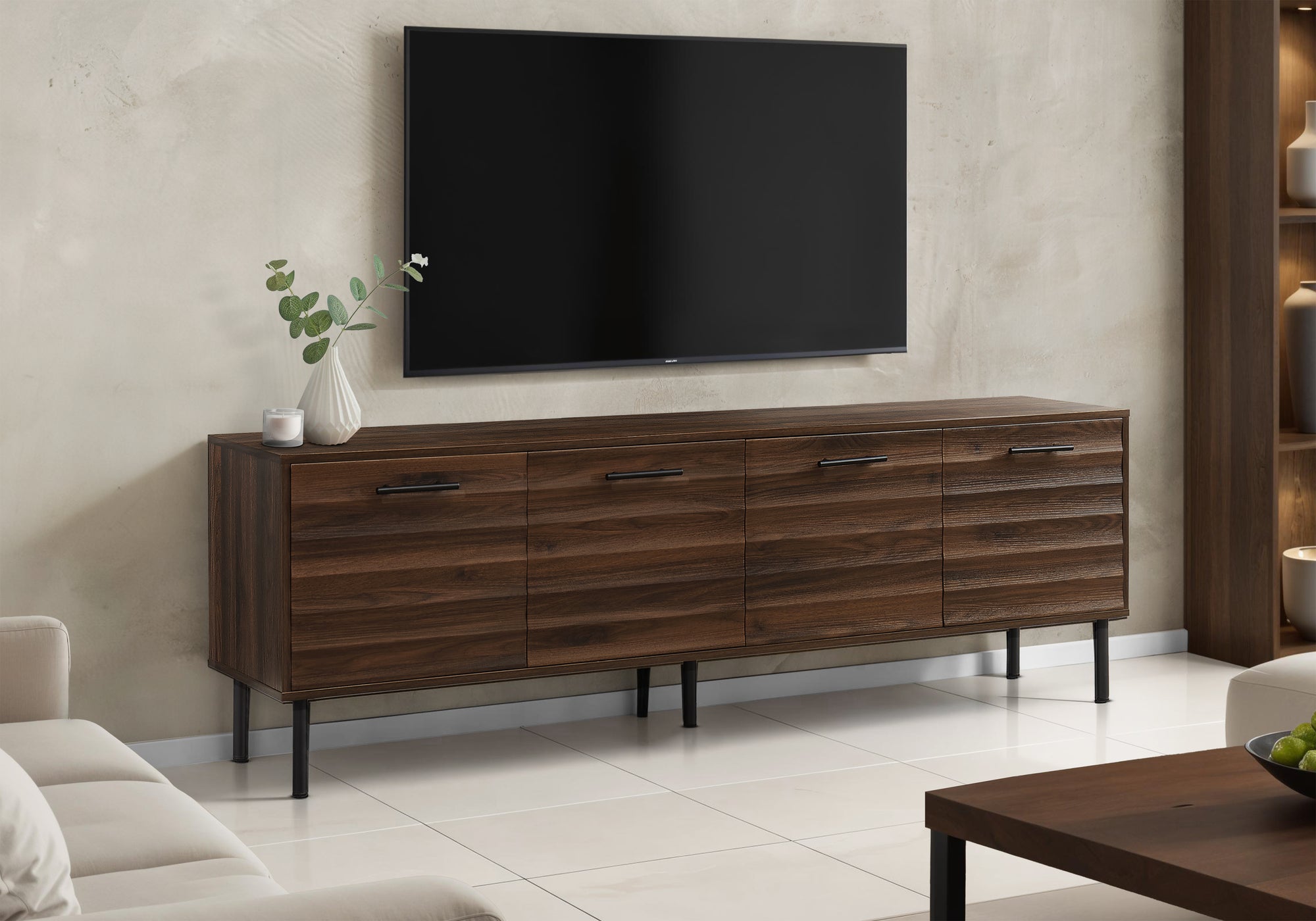 TV STAND - 72""L / DARK BROWN WOOD-LOOK WITH 4 DOORS