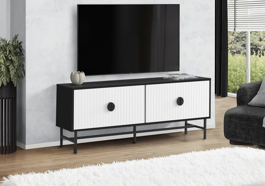TV STAND - 60""L / BLACK / WHITE DOORS WITH BLACK METAL