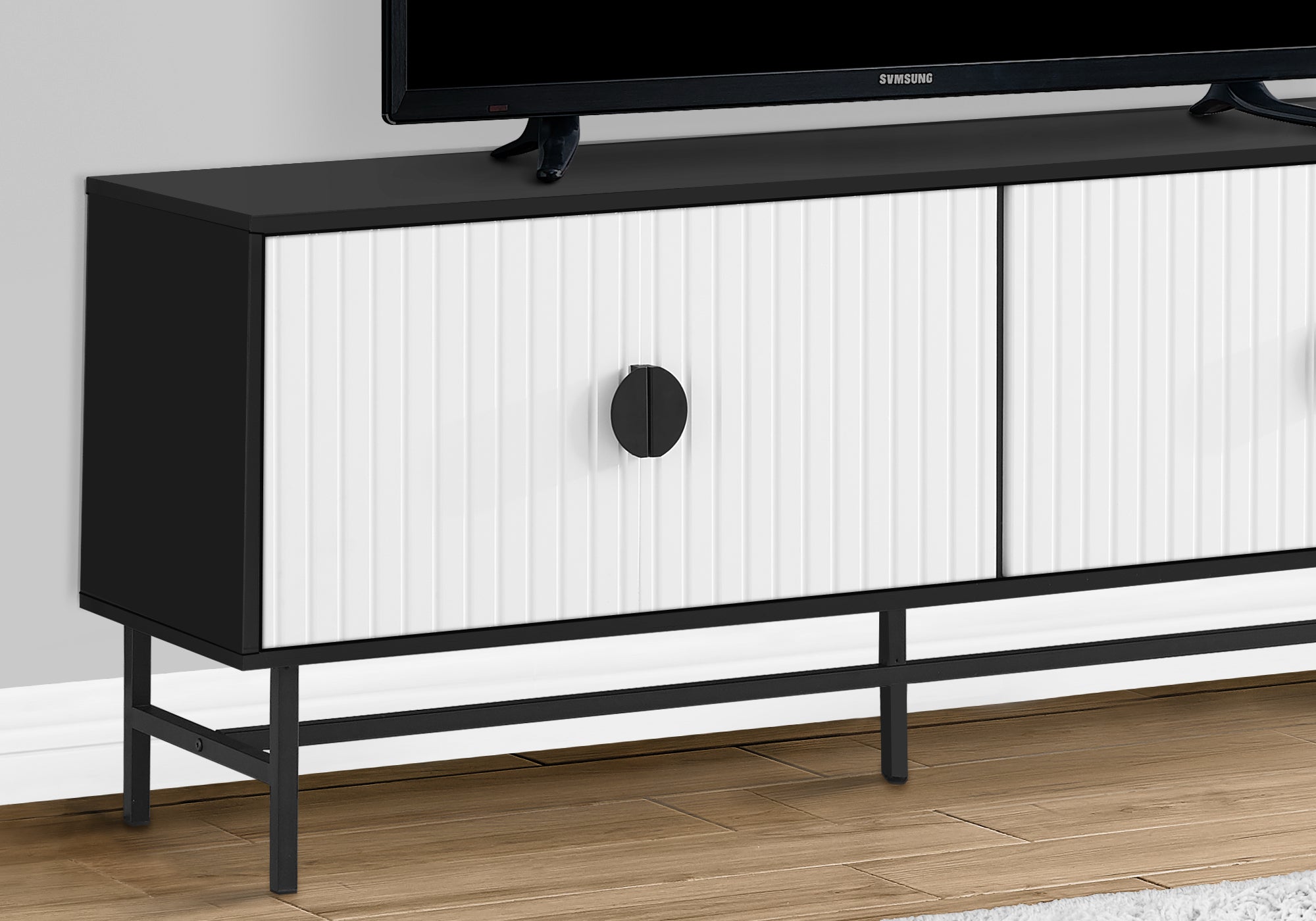 TV STAND - 60""L / BLACK / WHITE DOORS WITH BLACK METAL