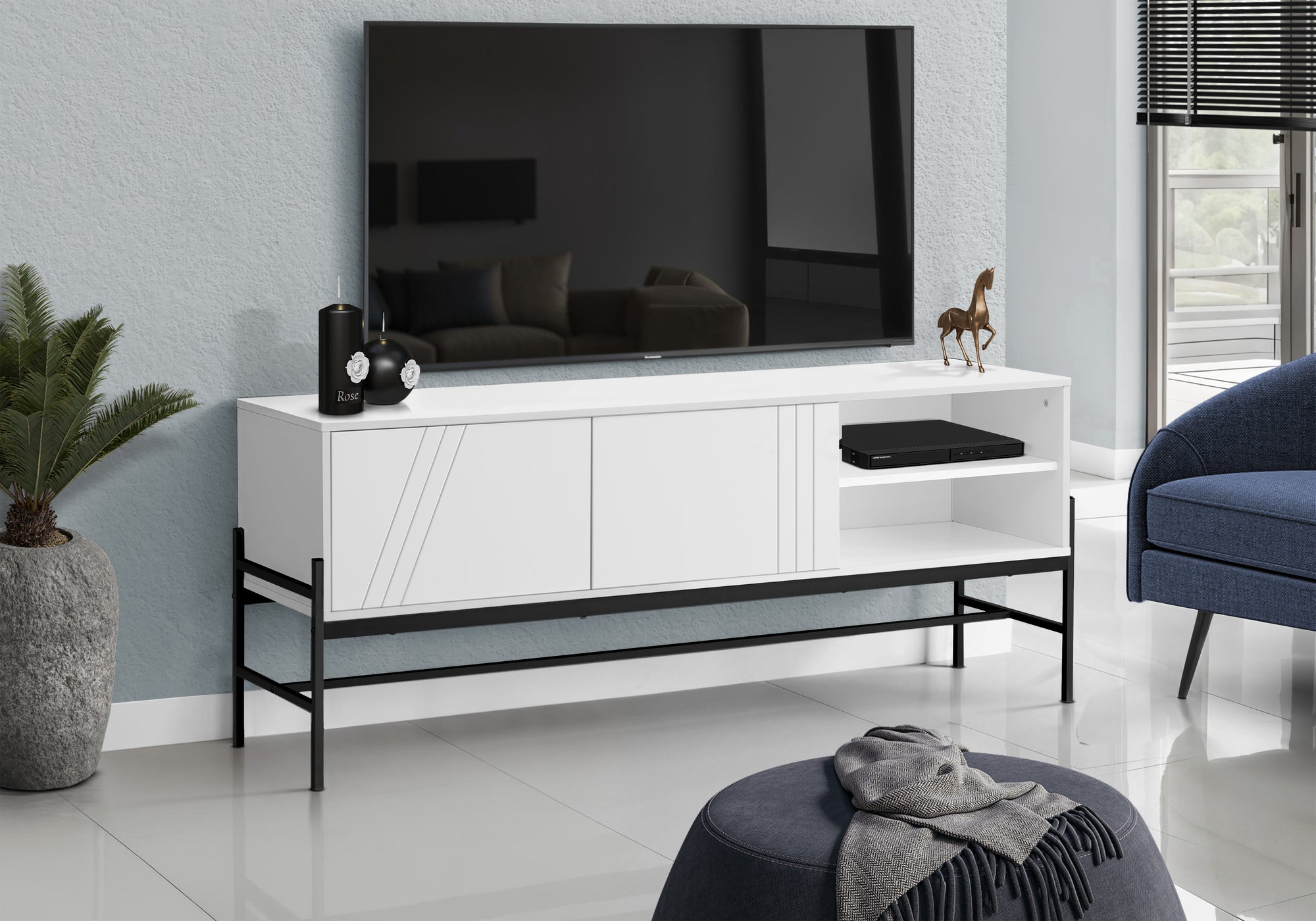 TV STAND - 60""L / WHITE / BLACK METAL WITH STORAGE