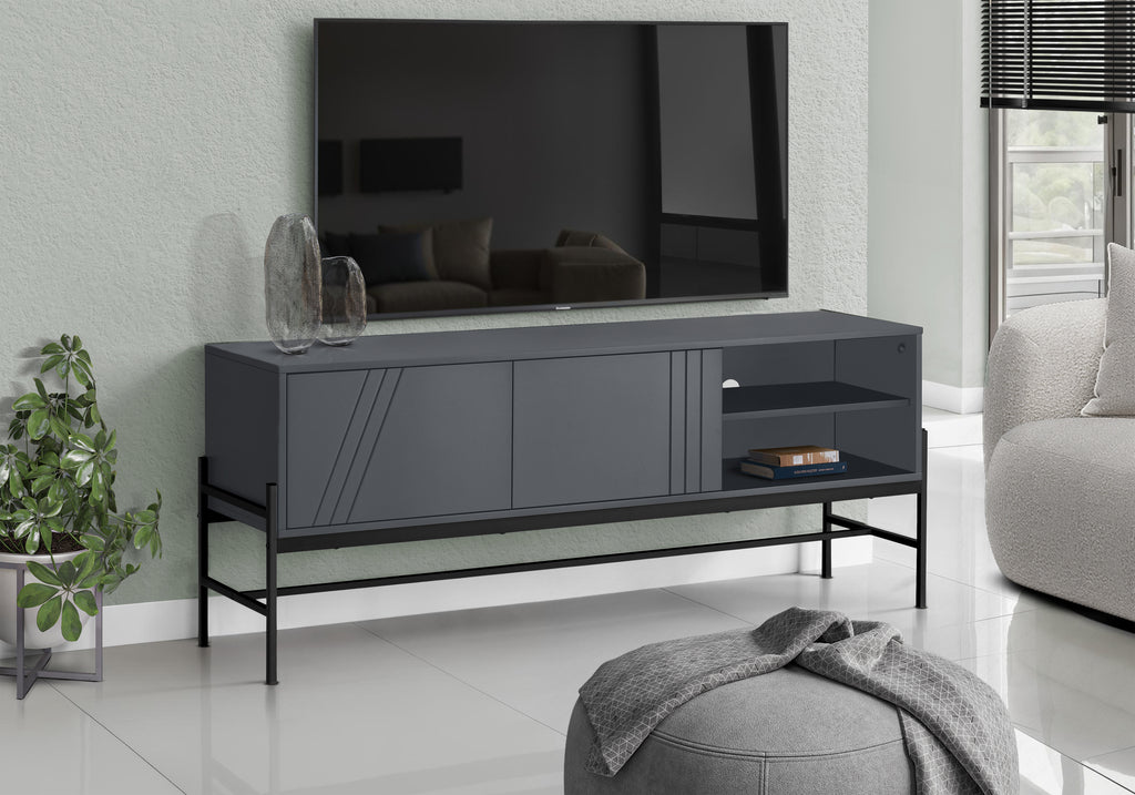 TV STAND - 60""L / GREY / BLACK METAL WITH STORAGE