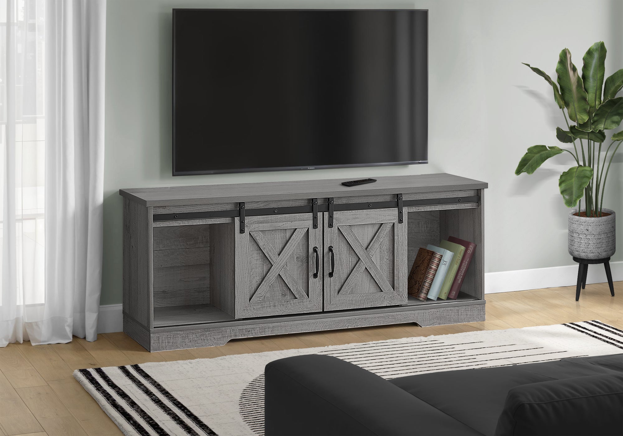 TV STAND - 60""L / GREY WITH 2 SLIDING DOORS