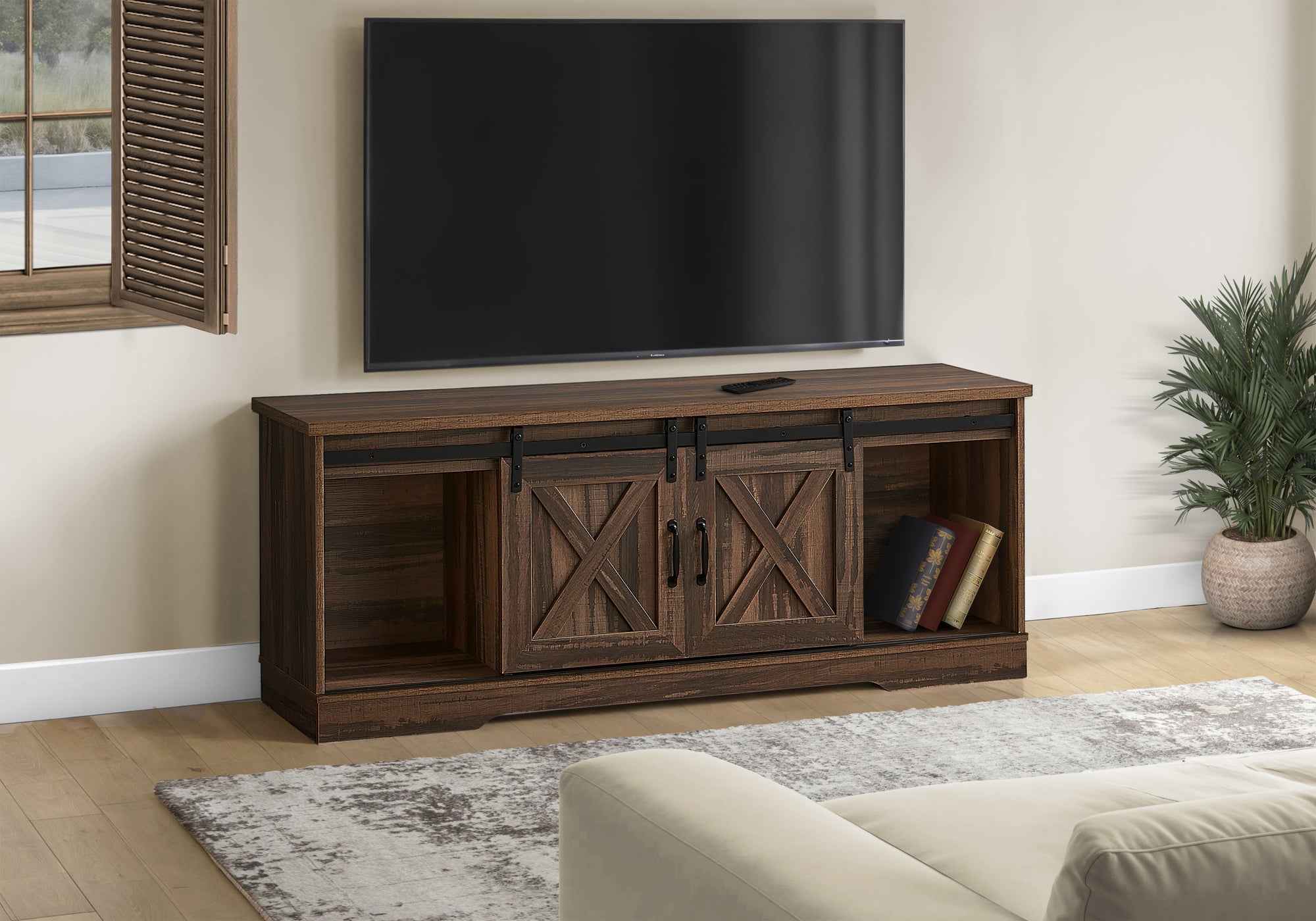TV STAND - 60""L / BROWN RECLAIMED-LOOK / 2 SLIDING DOORS