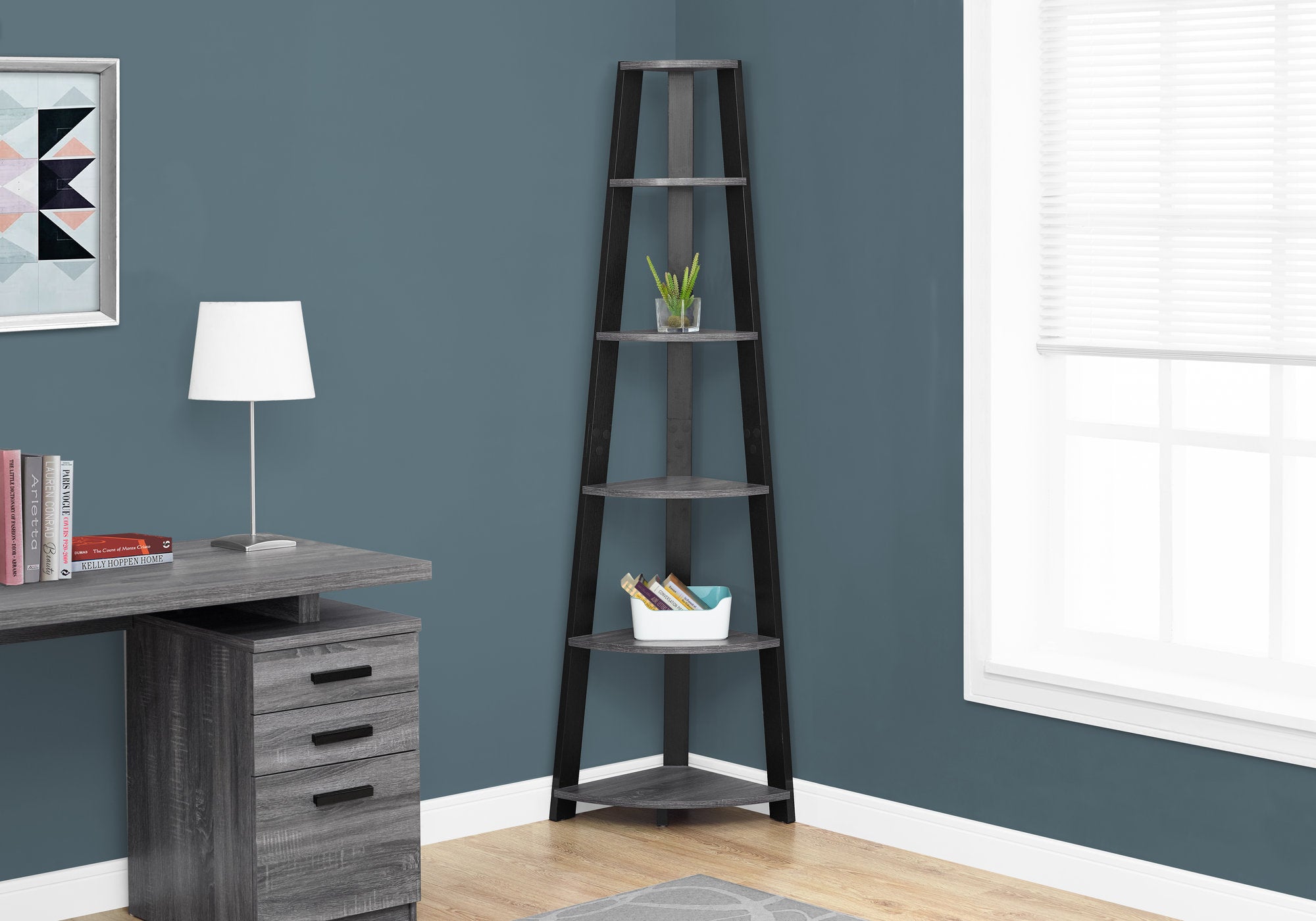 BOOKCASE - 72""H / GREY-BLACK CORNER ACCENT ETAGERE
