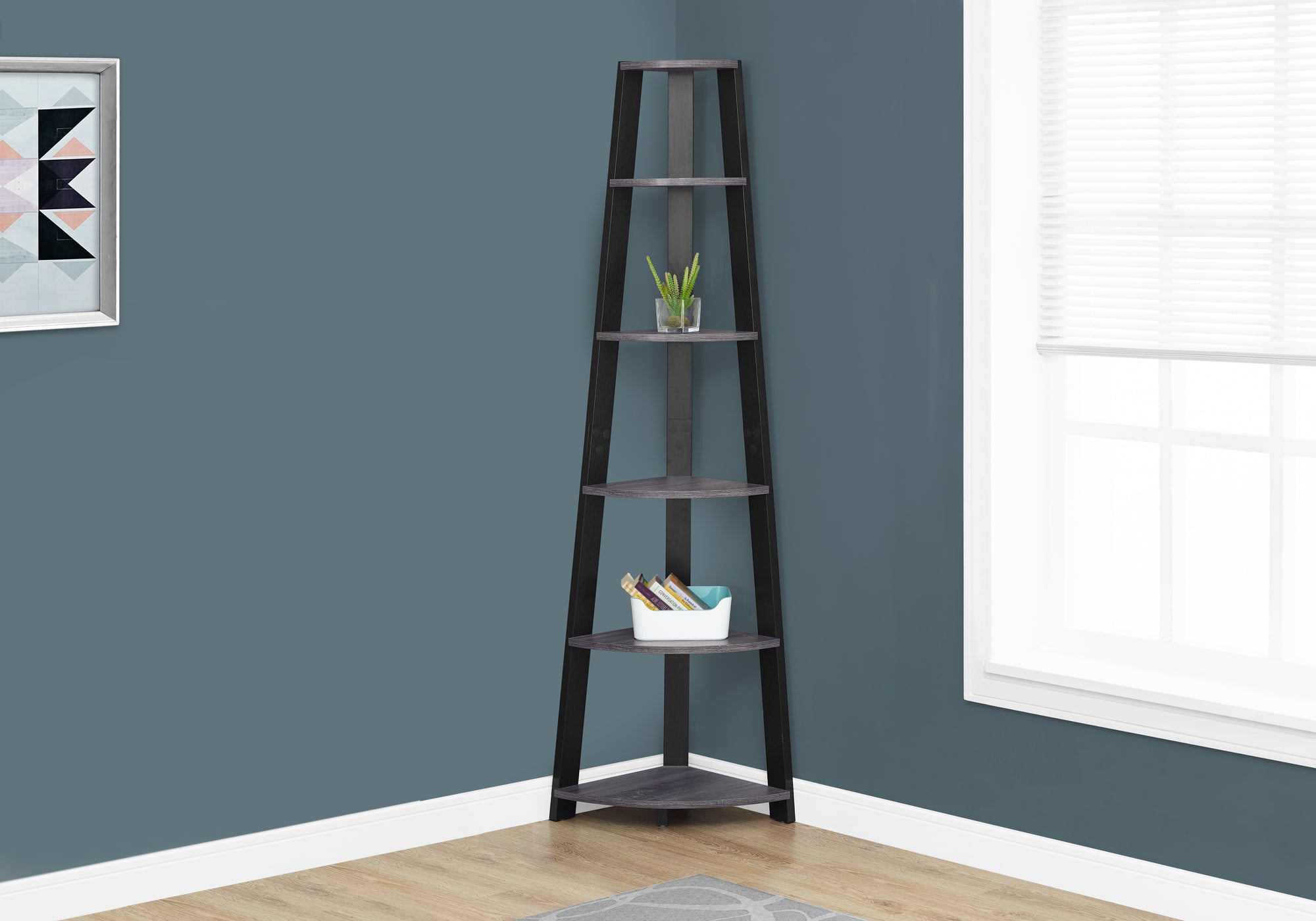 BOOKCASE - 72""H / GREY-BLACK CORNER ACCENT ETAGERE