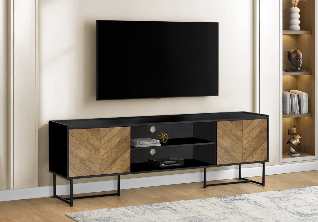 TV STAND - 72""L / BLACK  / METAL WITH 2 WOOD-LOOK DOORS