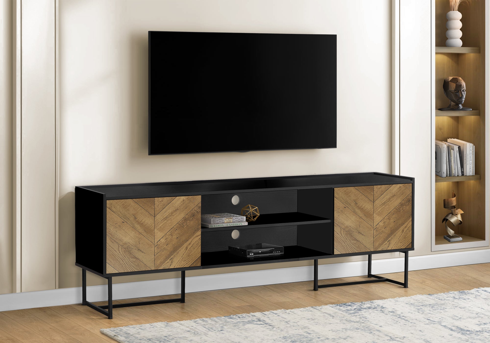 TV STAND - 72""L / BLACK  / METAL WITH 2 WOOD-LOOK DOORS