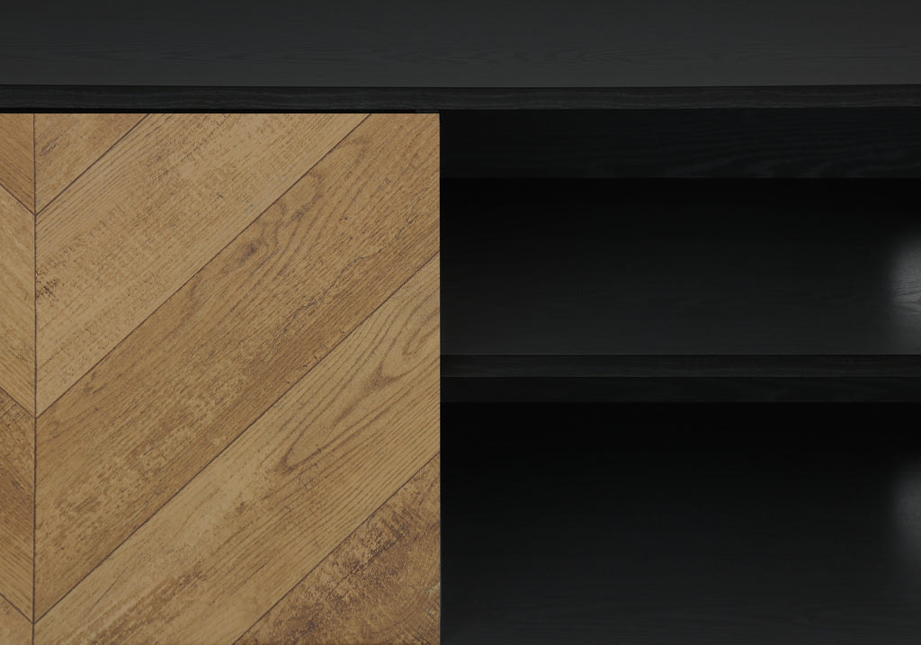 TV STAND - 72""L / BLACK  / METAL WITH 2 WOOD-LOOK DOORS