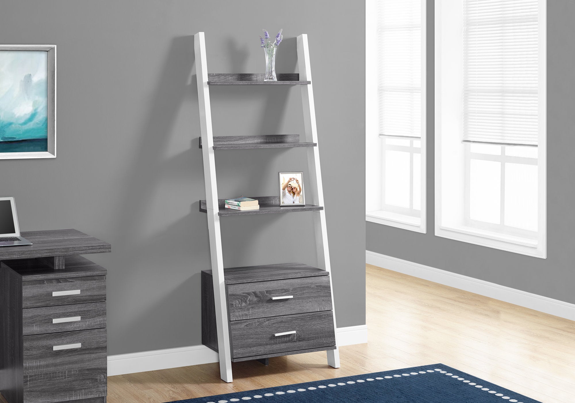 BOOKCASE - 69""H / GREY-WHITE LADDER WITH 2 STORAGE DRAWER