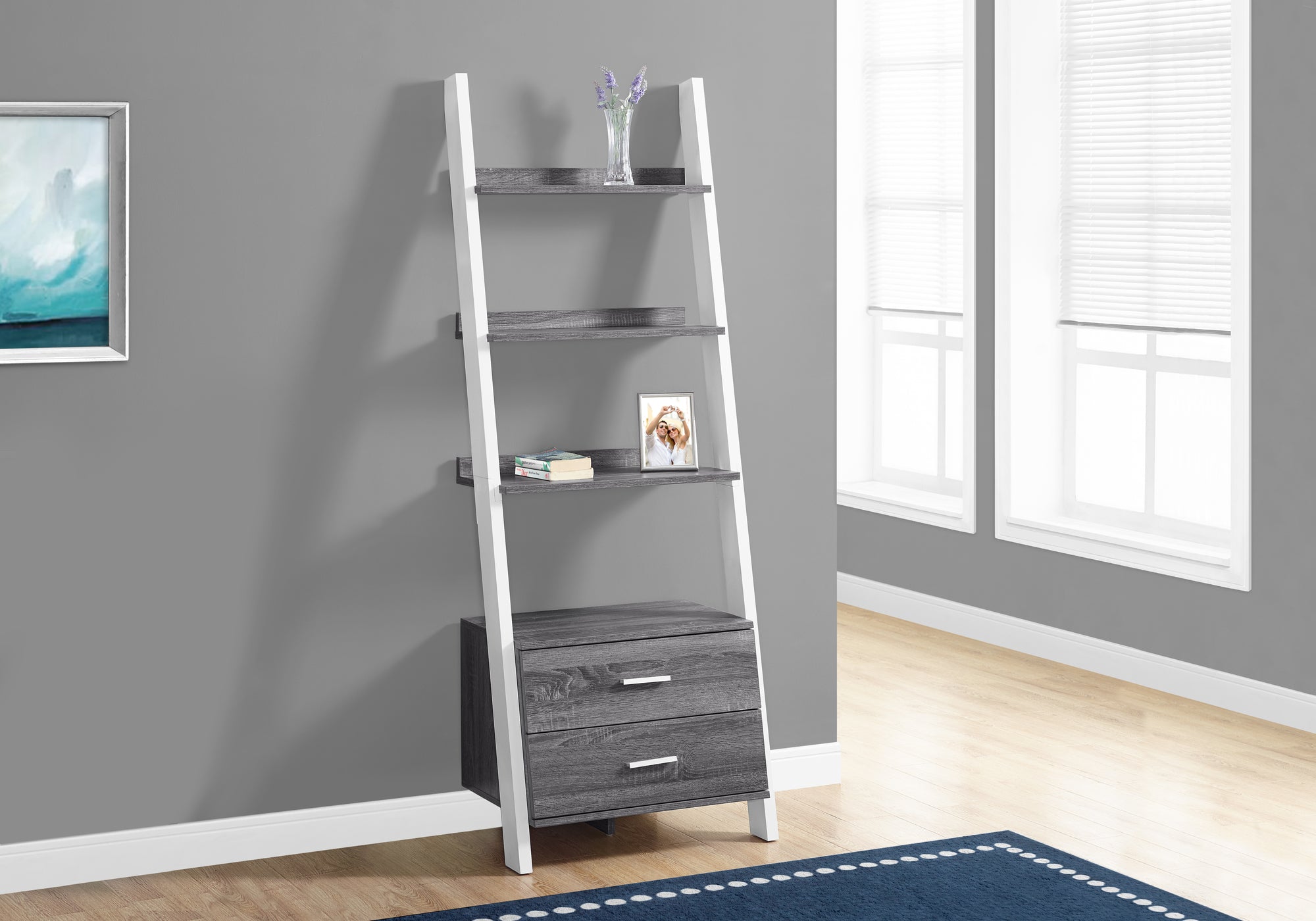 BOOKCASE - 69""H / GREY-WHITE LADDER WITH 2 STORAGE DRAWER