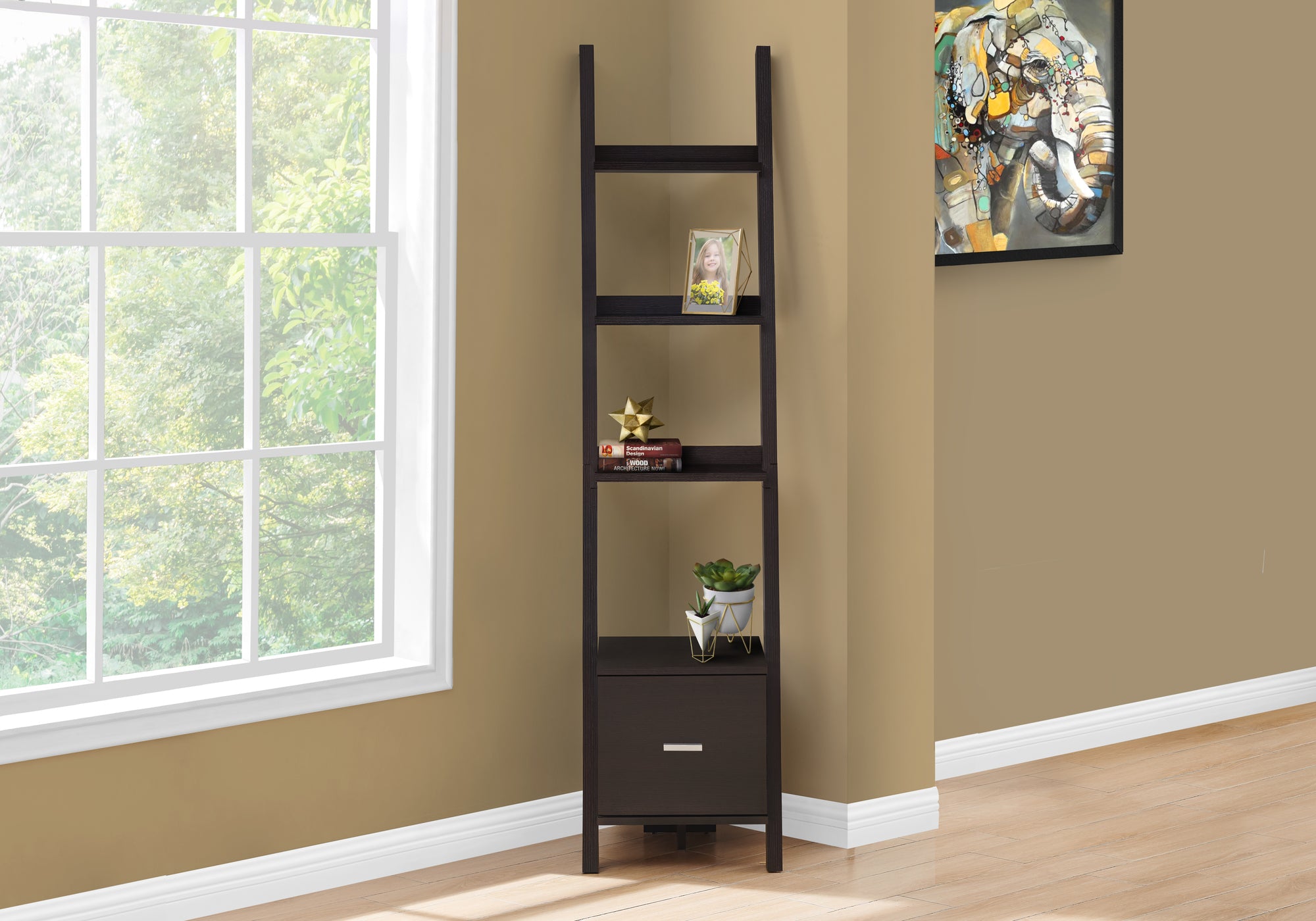 BOOKCASE - 69""H / ESPRESSO CORNER ETAGERE W/ DRAWER