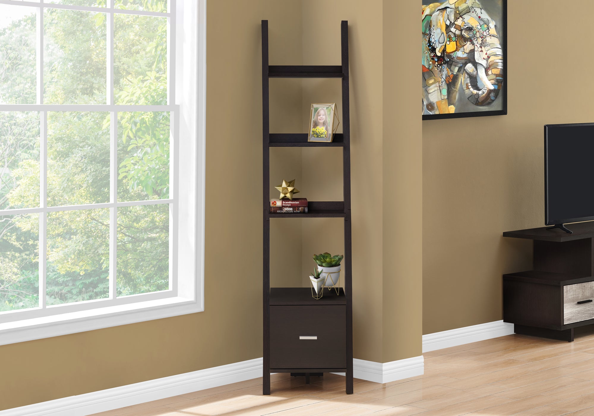 BOOKCASE - 69""H / ESPRESSO CORNER ETAGERE W/ DRAWER