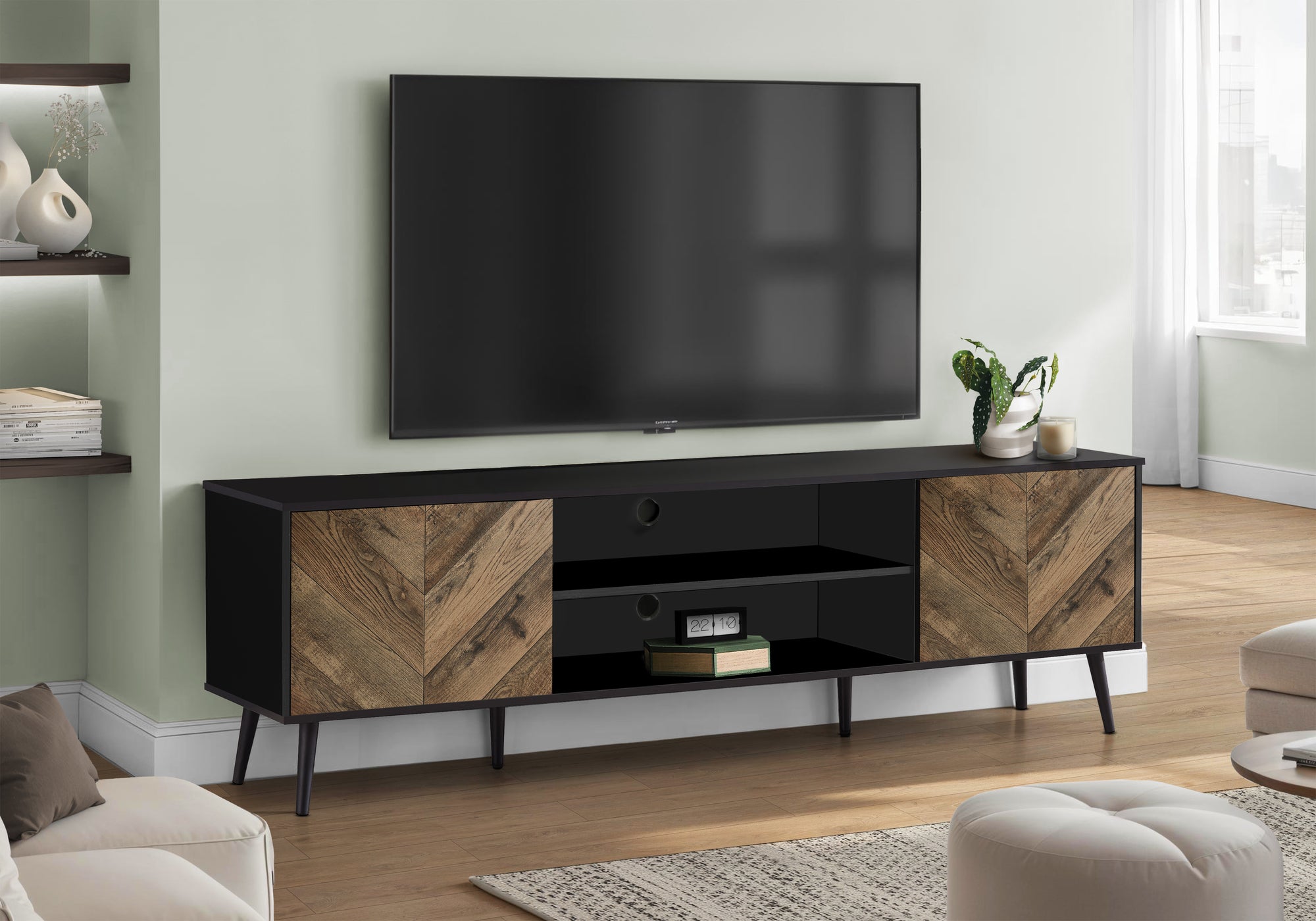 TV STAND - 72""L / BLACK WITH 2 WOOD-LOOK DOORS