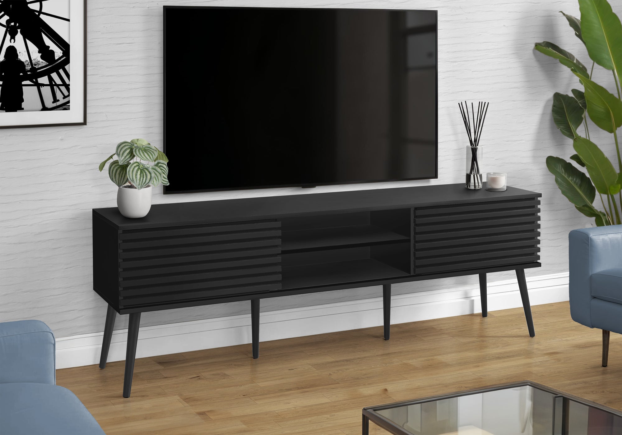 TV STAND - 72""L / BLACK WITH 2 DOORS