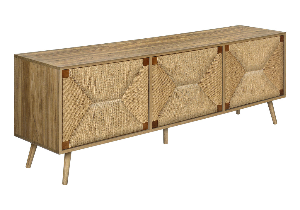 TV STAND - 72""L / LIGHT WALNUT / SEAGRASS-LOOK WITH 3 DOORS