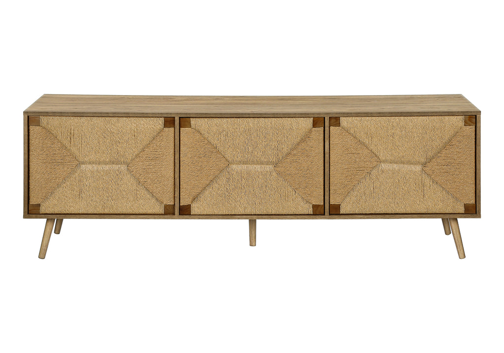 TV STAND - 72""L / LIGHT WALNUT / SEAGRASS-LOOK WITH 3 DOORS