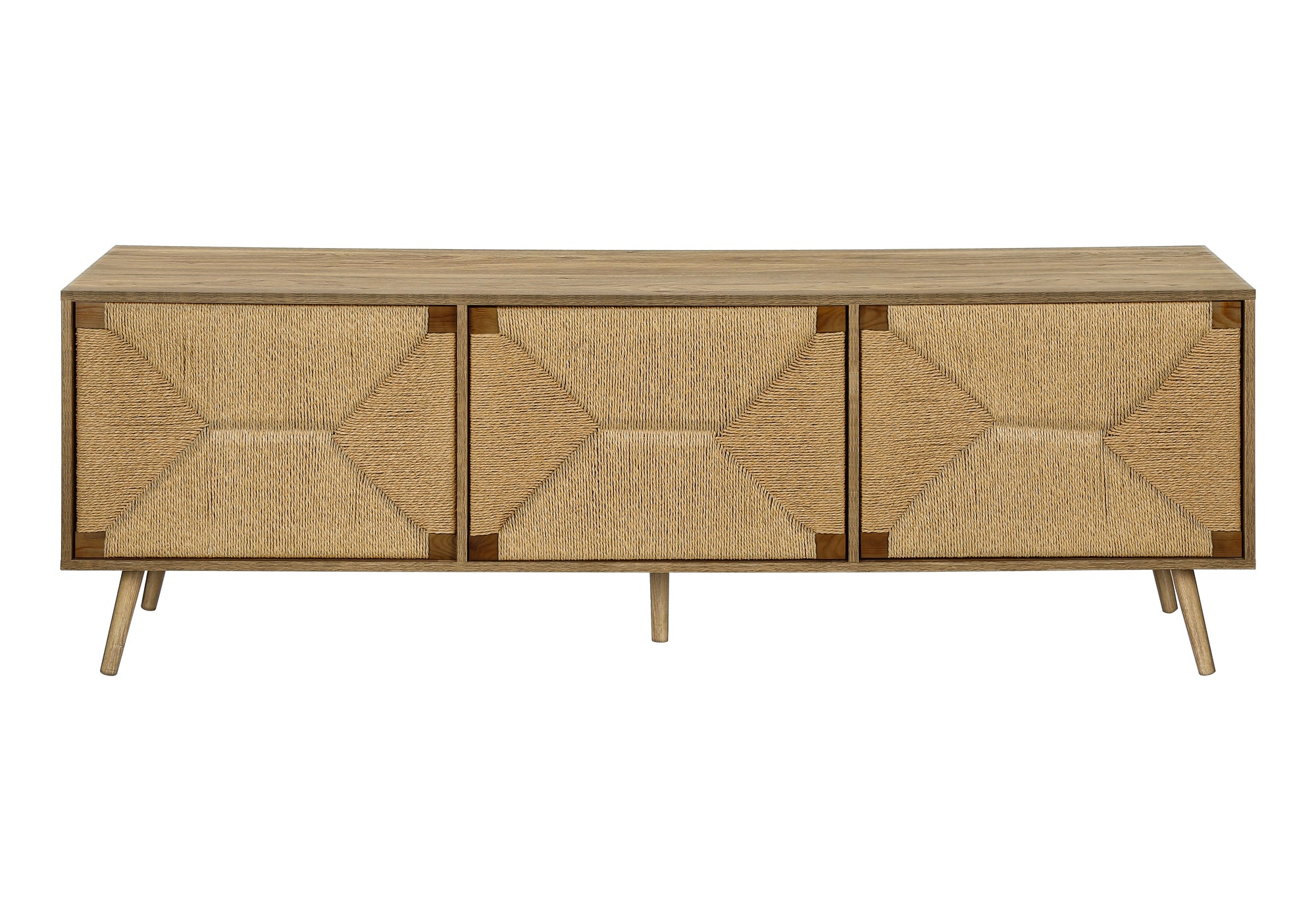 TV STAND - 72""L / LIGHT WALNUT / SEAGRASS-LOOK WITH 3 DOORS