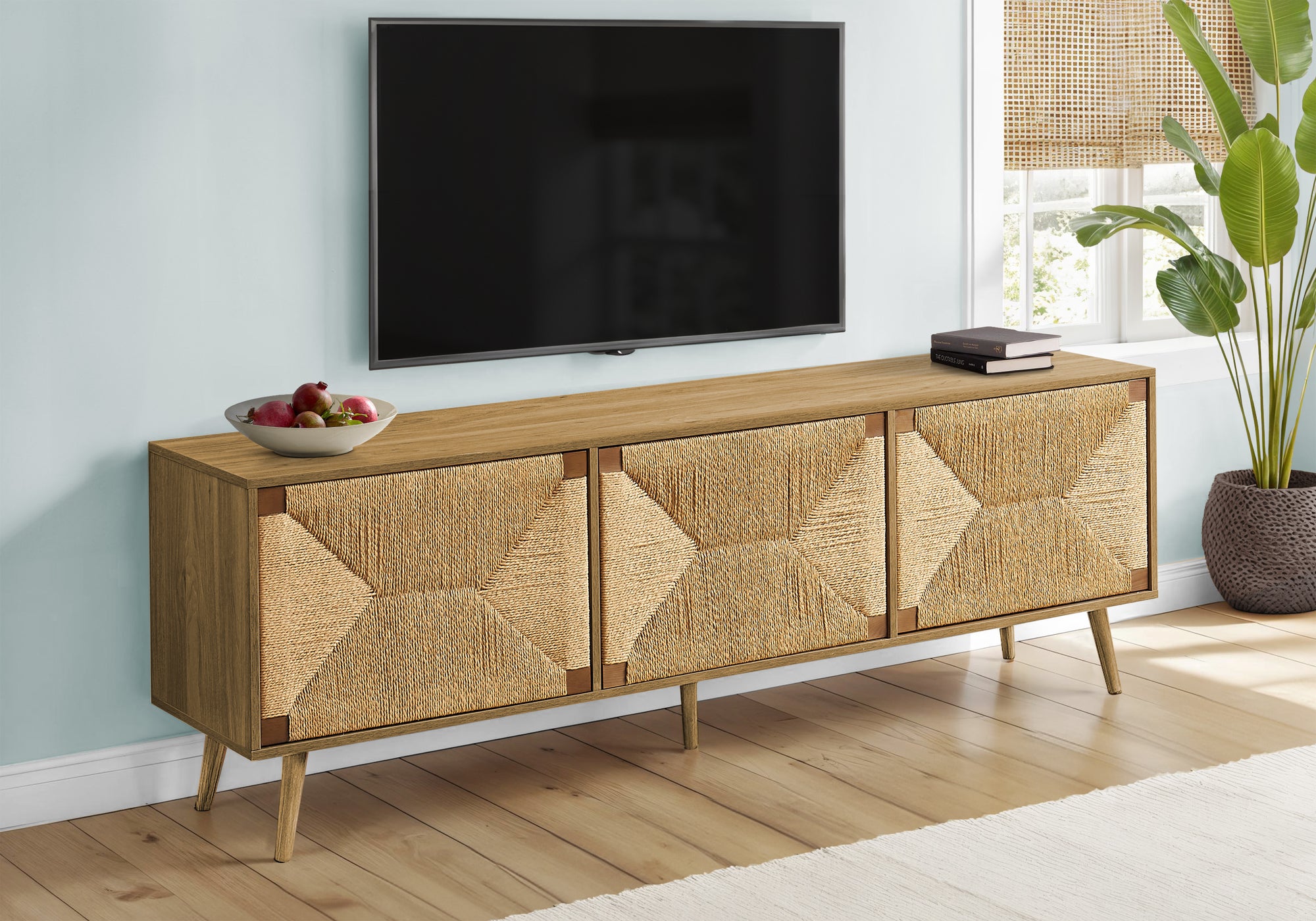TV STAND - 72""L / LIGHT WALNUT / SEAGRASS-LOOK WITH 3 DOORS