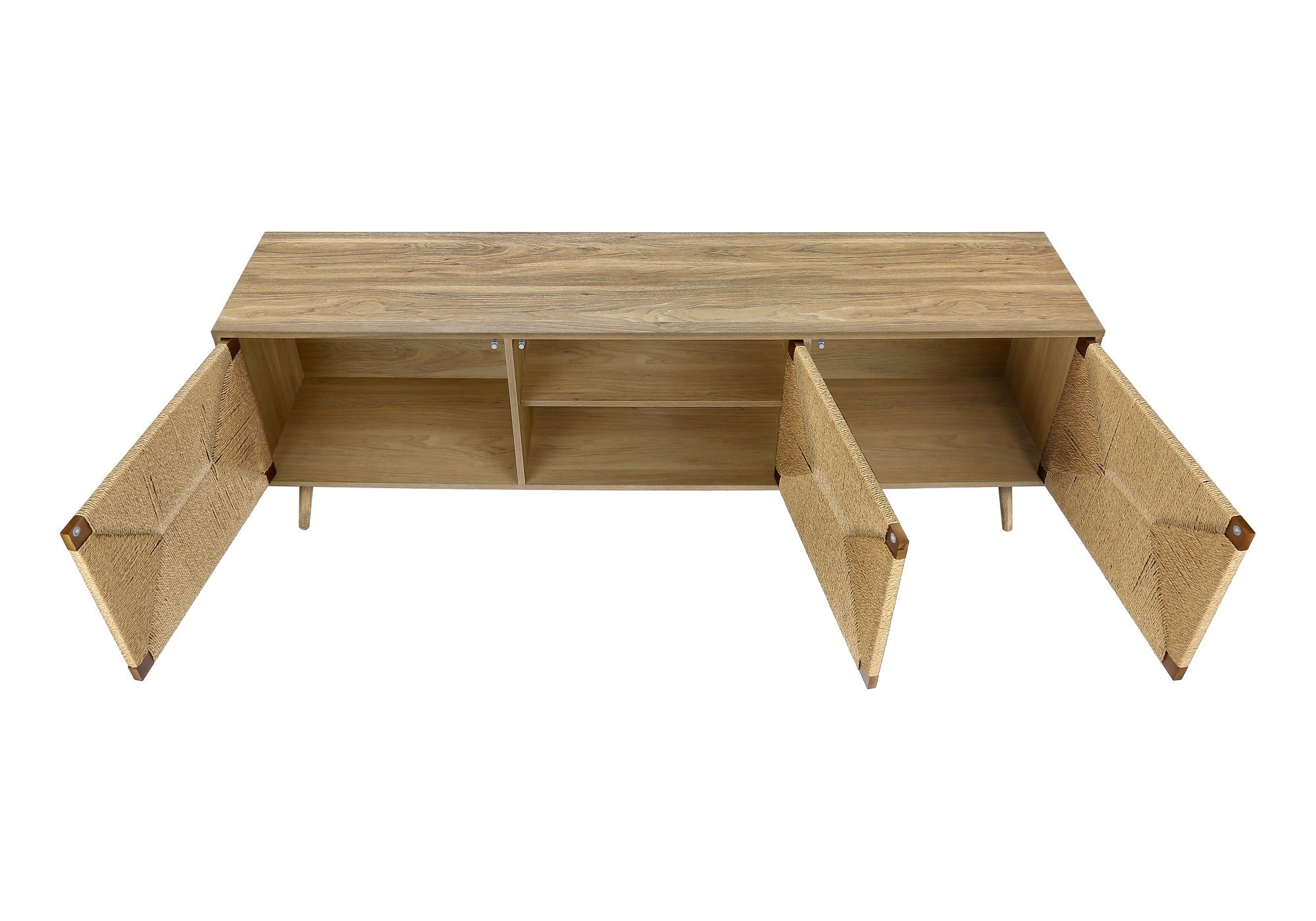 TV STAND - 72""L / LIGHT WALNUT / SEAGRASS-LOOK WITH 3 DOORS