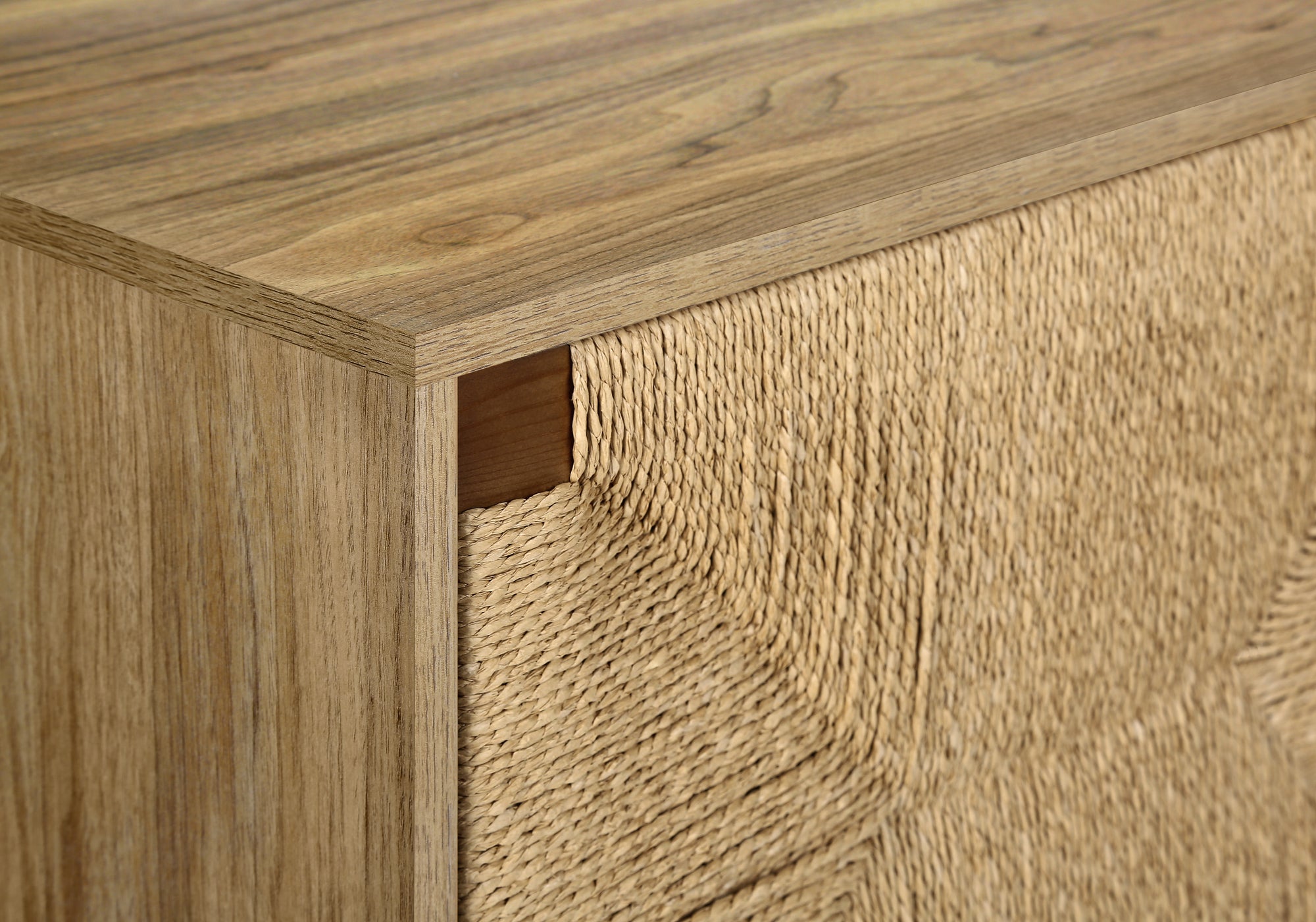 TV STAND - 72""L / LIGHT WALNUT / SEAGRASS-LOOK WITH 3 DOORS