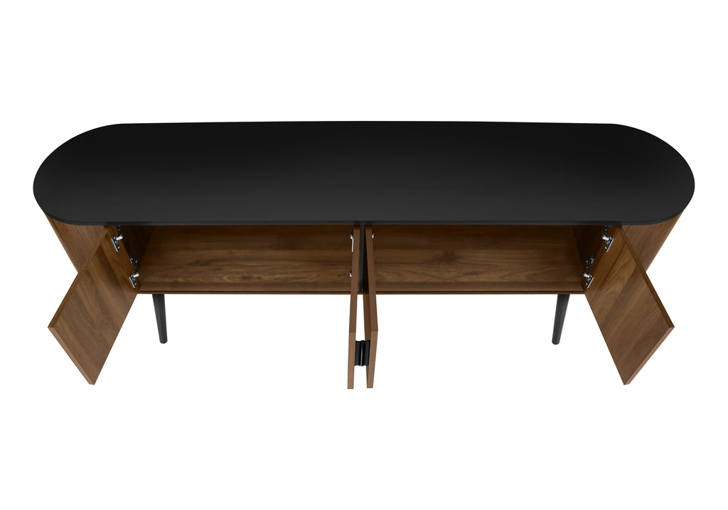 TV STAND - 72""L / BLACK WITH 4 BROWN WOOD-LOOK DOORS