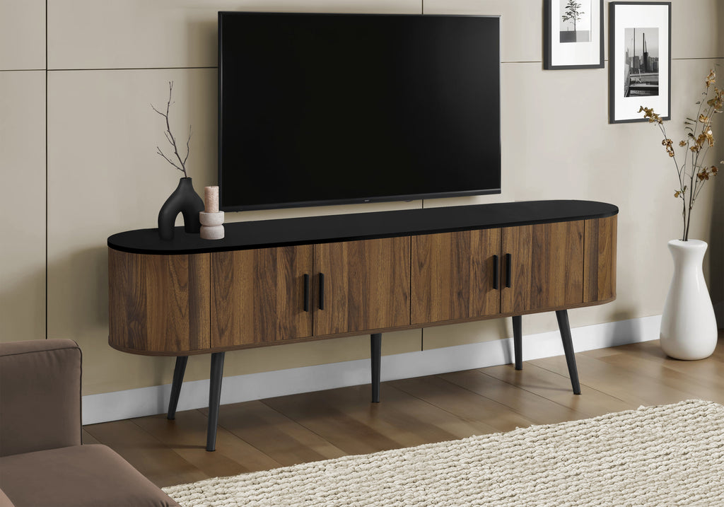 TV STAND - 72""L / BLACK WITH 4 BROWN WOOD-LOOK DOORS