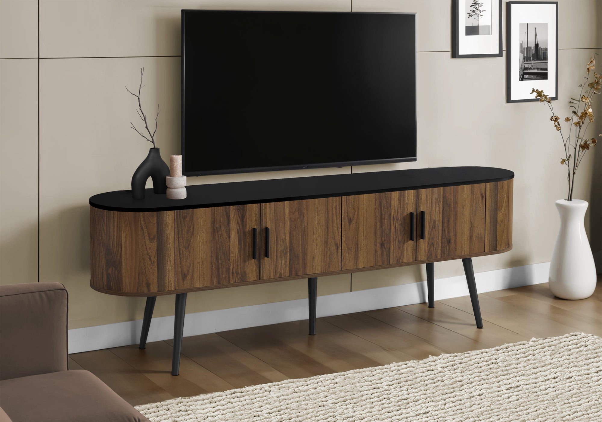 TV STAND - 72""L / BLACK WITH 4 BROWN WOOD-LOOK DOORS