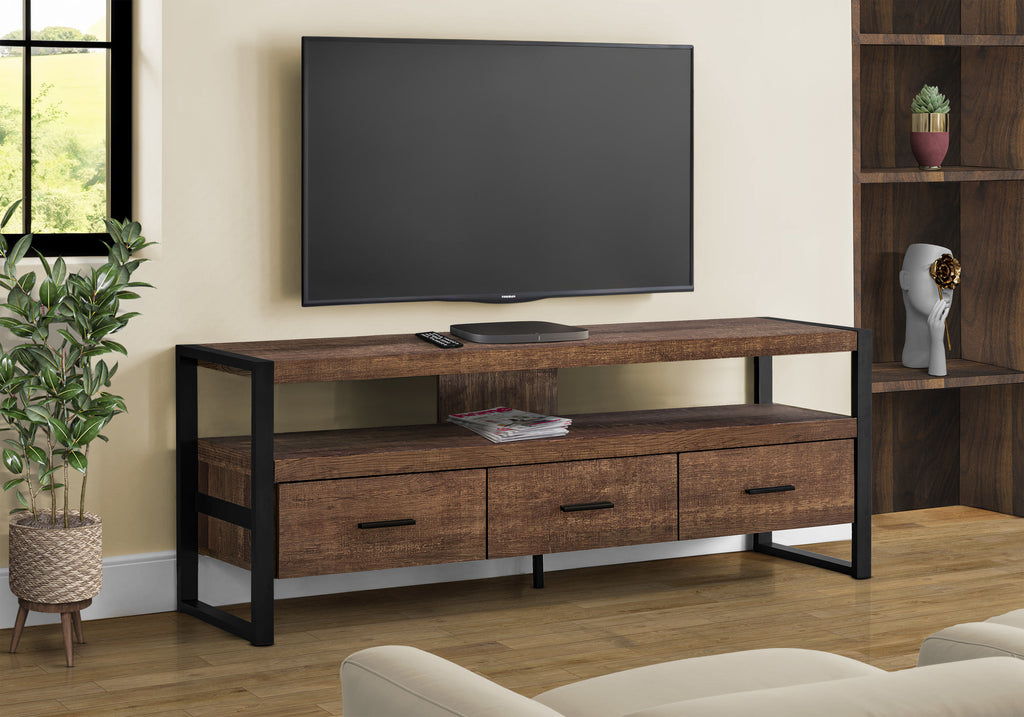 TV STAND - 60""L / BROWN RECLAIMED WOOD-LOOK / 3 DRAWERS
