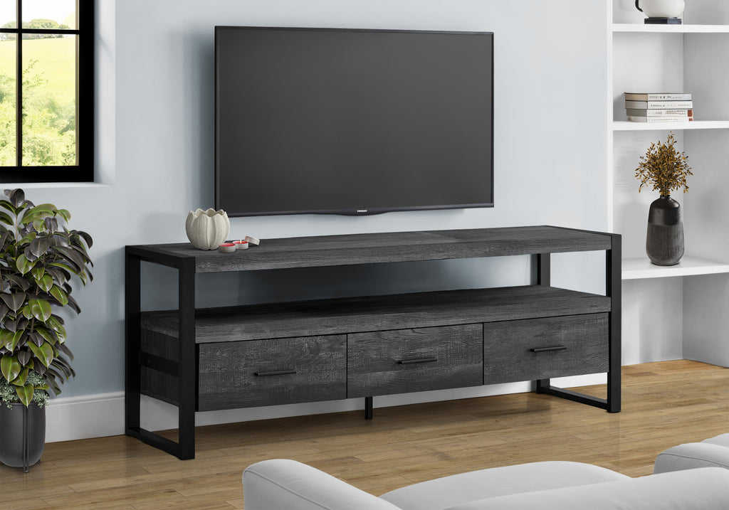 TV STAND - 60""L / BLACK RECLAIMED WOOD-LOOK / 3 DRAWERS
