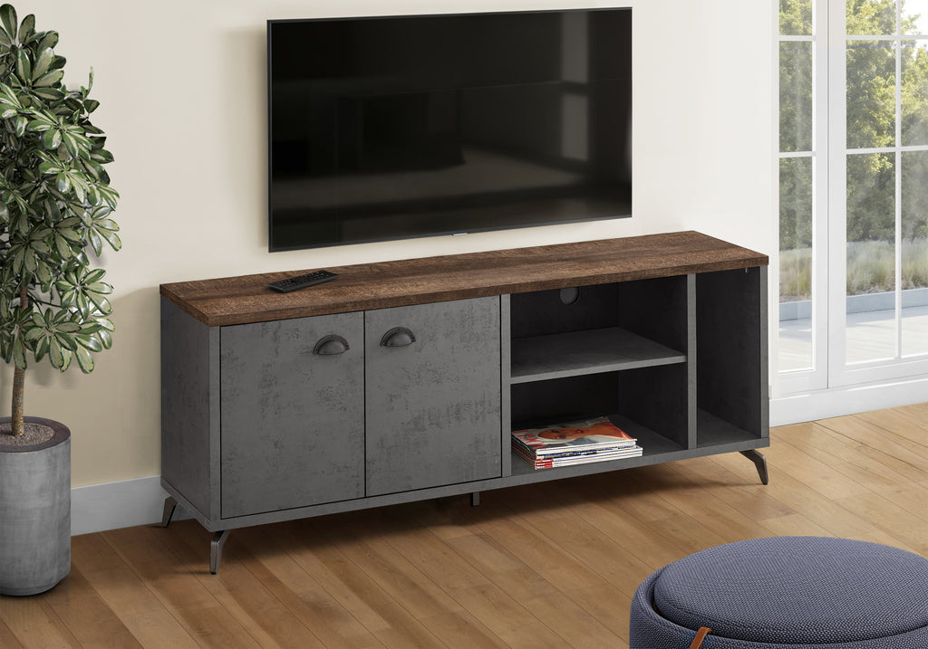 TV STAND - 60""L / GREY CONCRETE / MEDIUM BROWN RECLAIMED