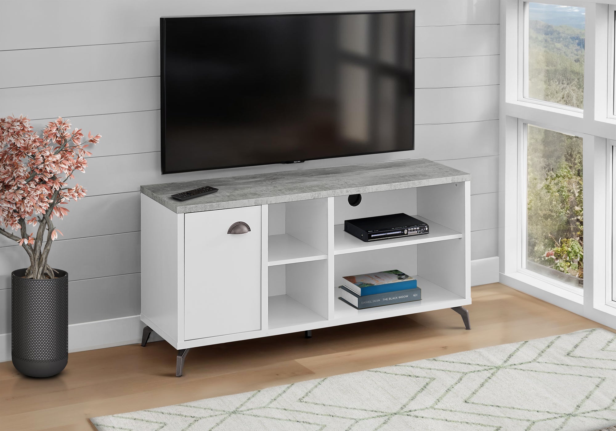 TV STAND - 48""L / WHITE / GREY CEMENT-LOOK TOP