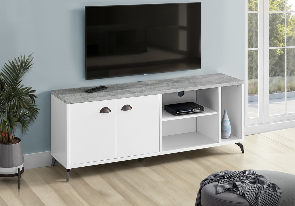 TV STAND - 60""L / WHITE / GREY CEMENT-LOOK TOP