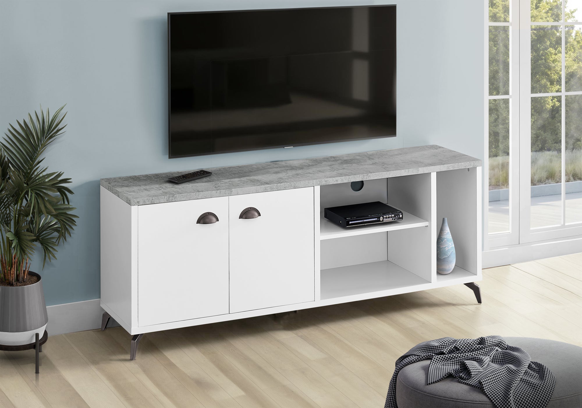 TV STAND - 60""L / WHITE / GREY CEMENT-LOOK TOP