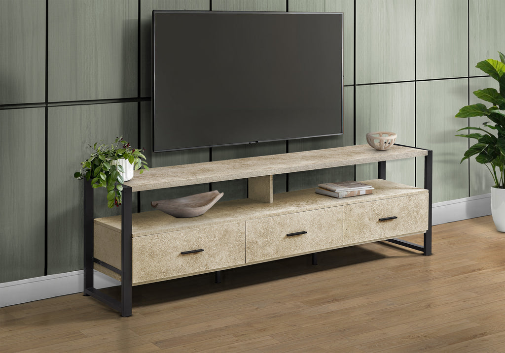 TV STAND - 72""L / CREAM STONE / BLACK METAL
