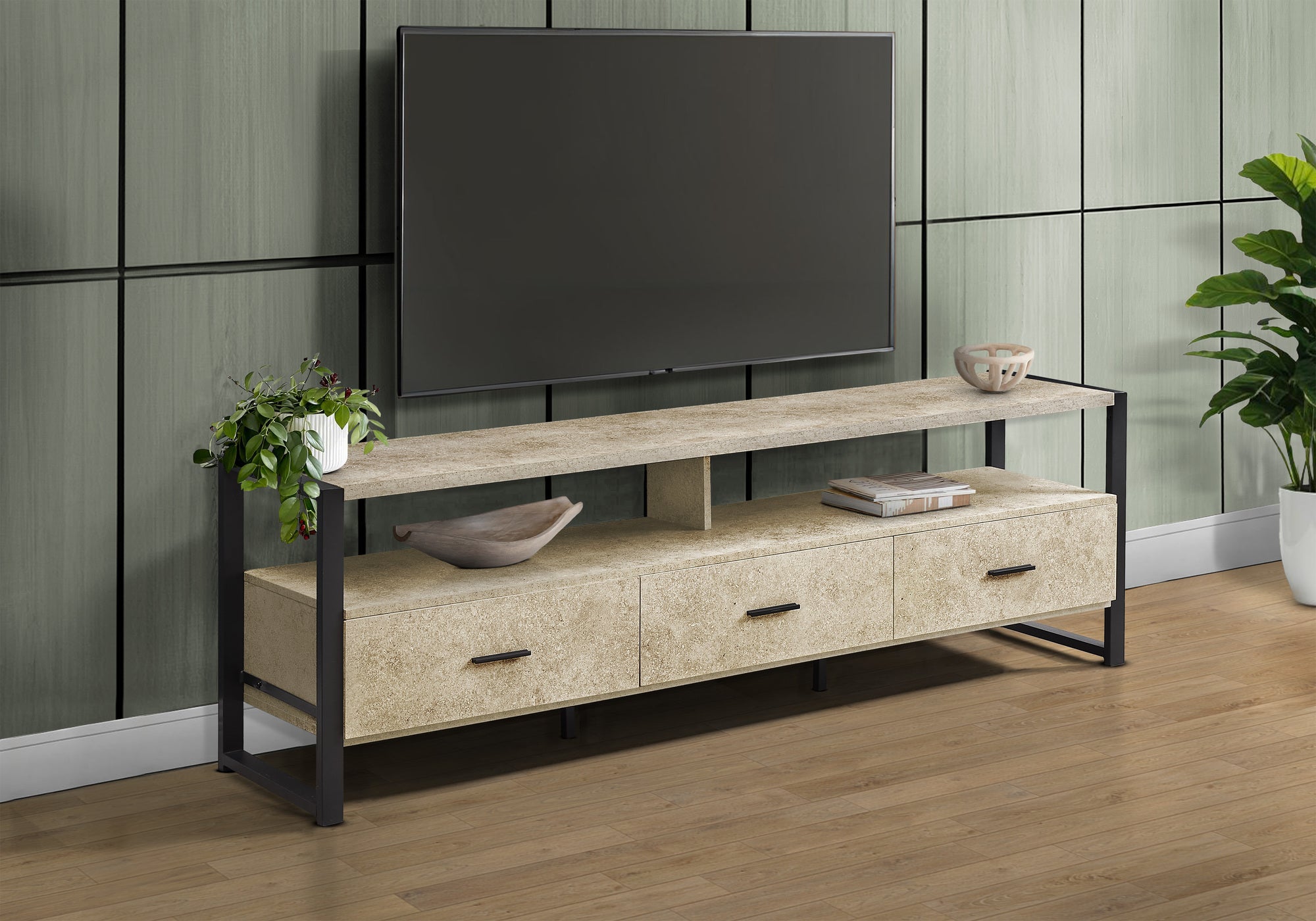 TV STAND - 72""L / CREAM STONE / BLACK METAL