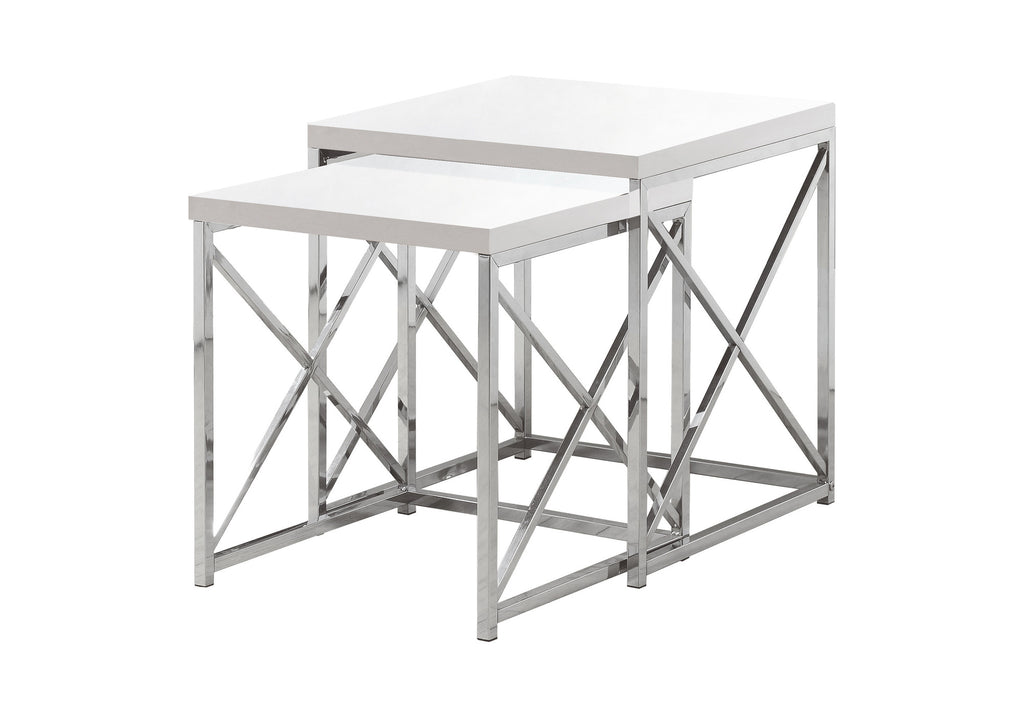 NESTING TABLE - 2PCS SET / GLOSSY WHITE / CHROME METAL