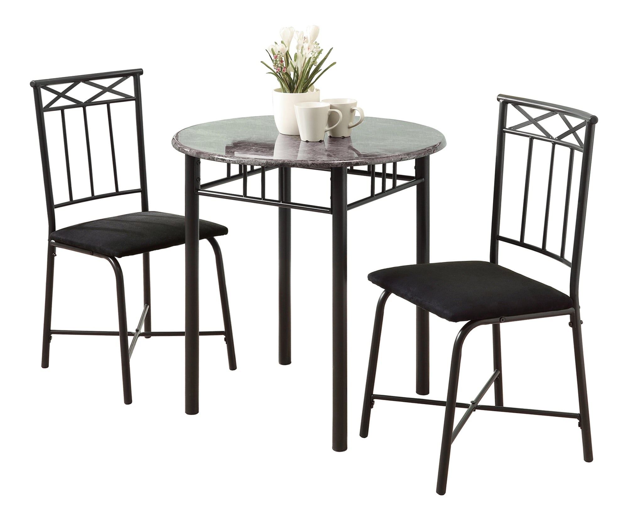 DINING SET - 3PCS SET / GREY MARBLE / CHARCOAL METAL