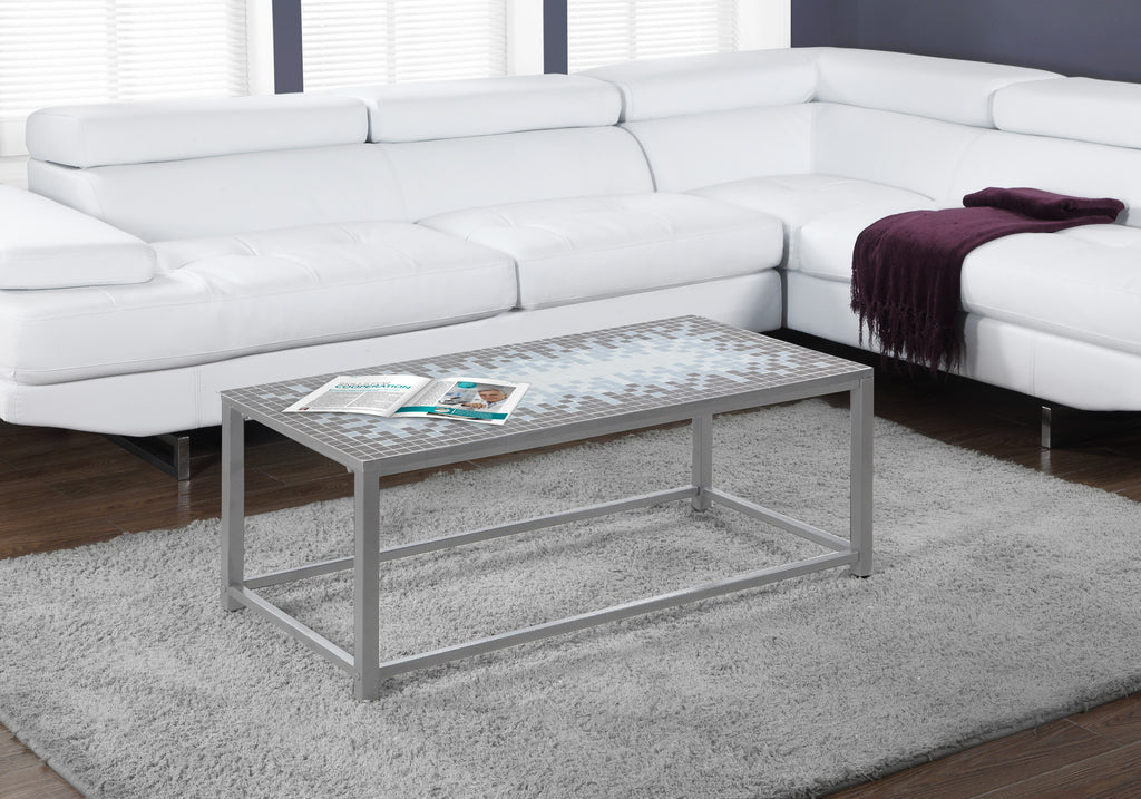COFFEE TABLE - GREY / BLUE TILE TOP / HAMMERED SILVER