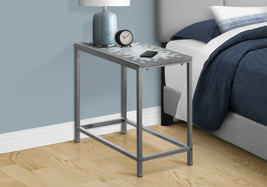 ACCENT TABLE - GREY / BLUE TILE TOP / HAMMERED SILVER