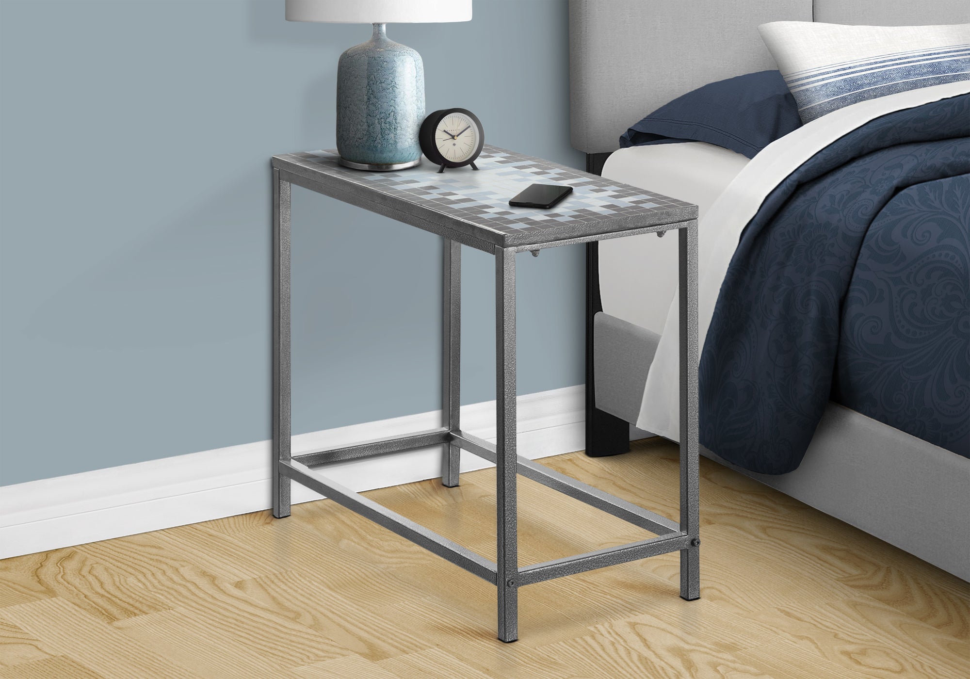 ACCENT TABLE - GREY / BLUE TILE TOP / HAMMERED SILVER