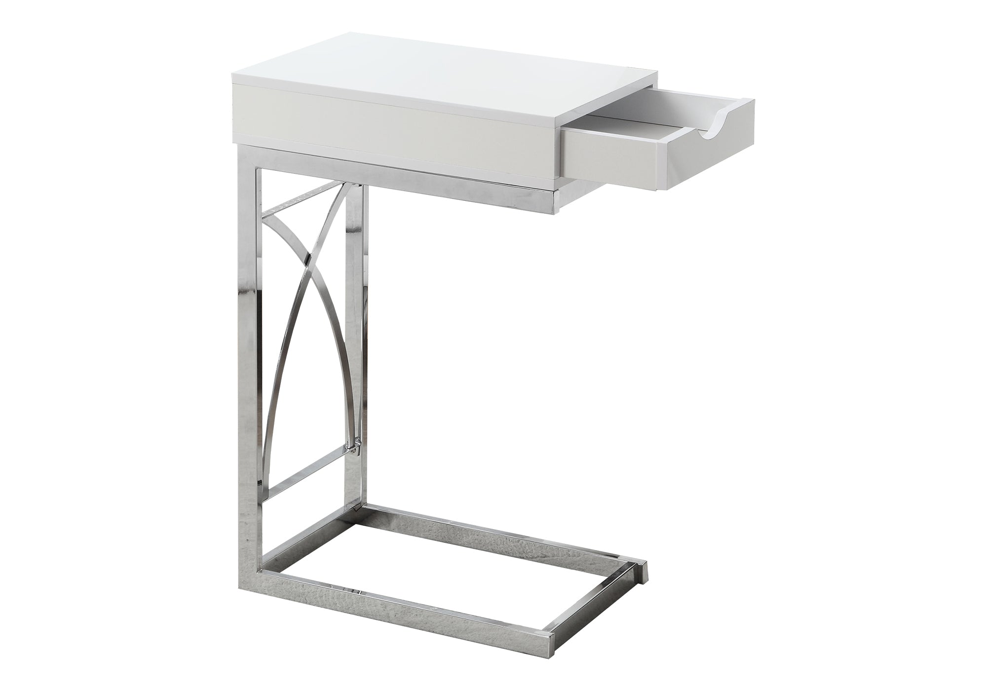 ACCENT TABLE - CHROME METAL / GLOSSY WHITE WITH A DRAWER