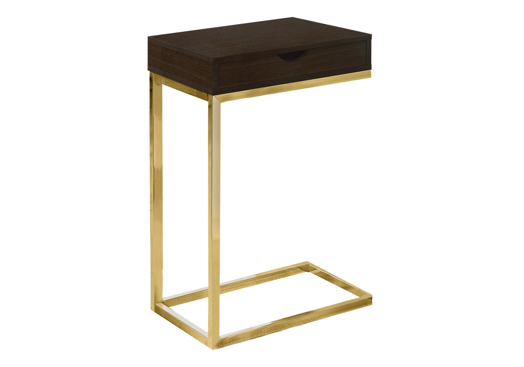 ACCENT TABLE - ESPRESSO / GOLD METAL WITH A DRAWER