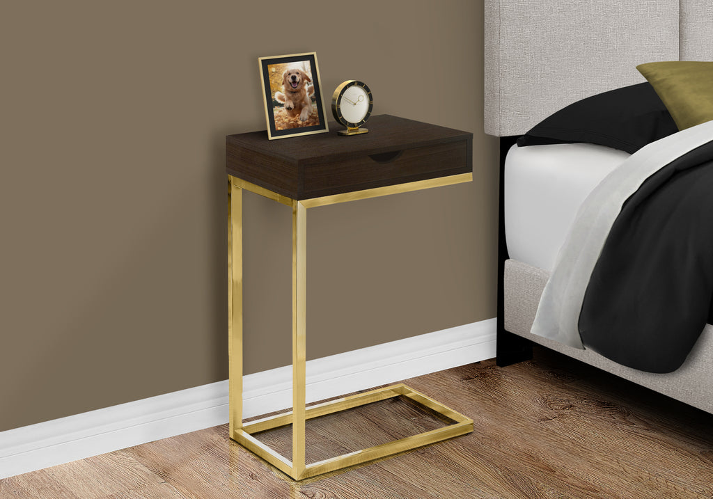 ACCENT TABLE - ESPRESSO / GOLD METAL WITH A DRAWER