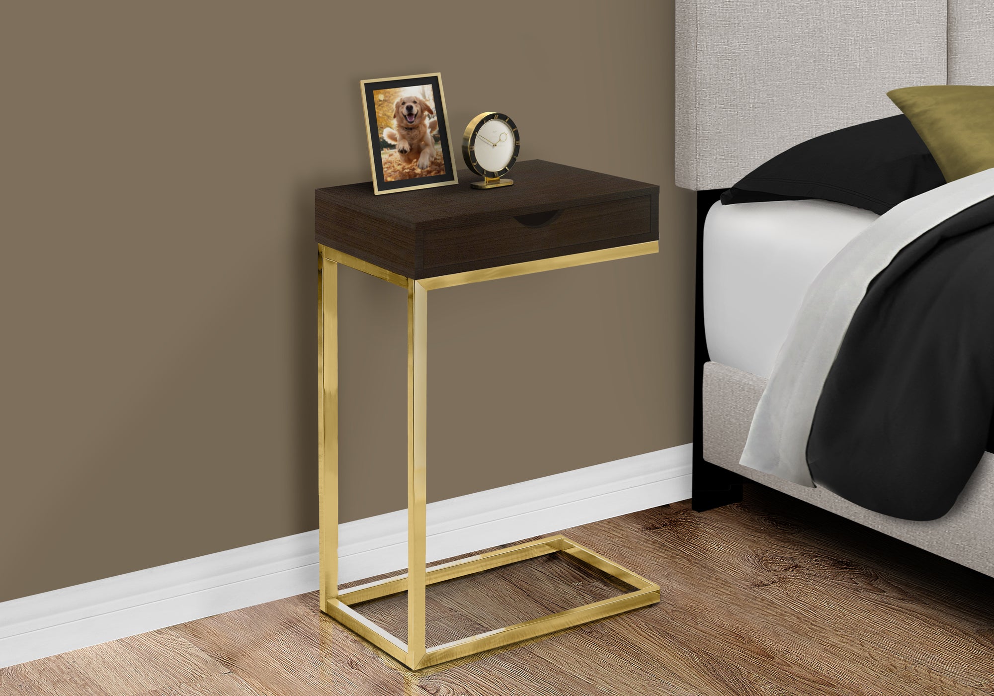 ACCENT TABLE - ESPRESSO / GOLD METAL WITH A DRAWER