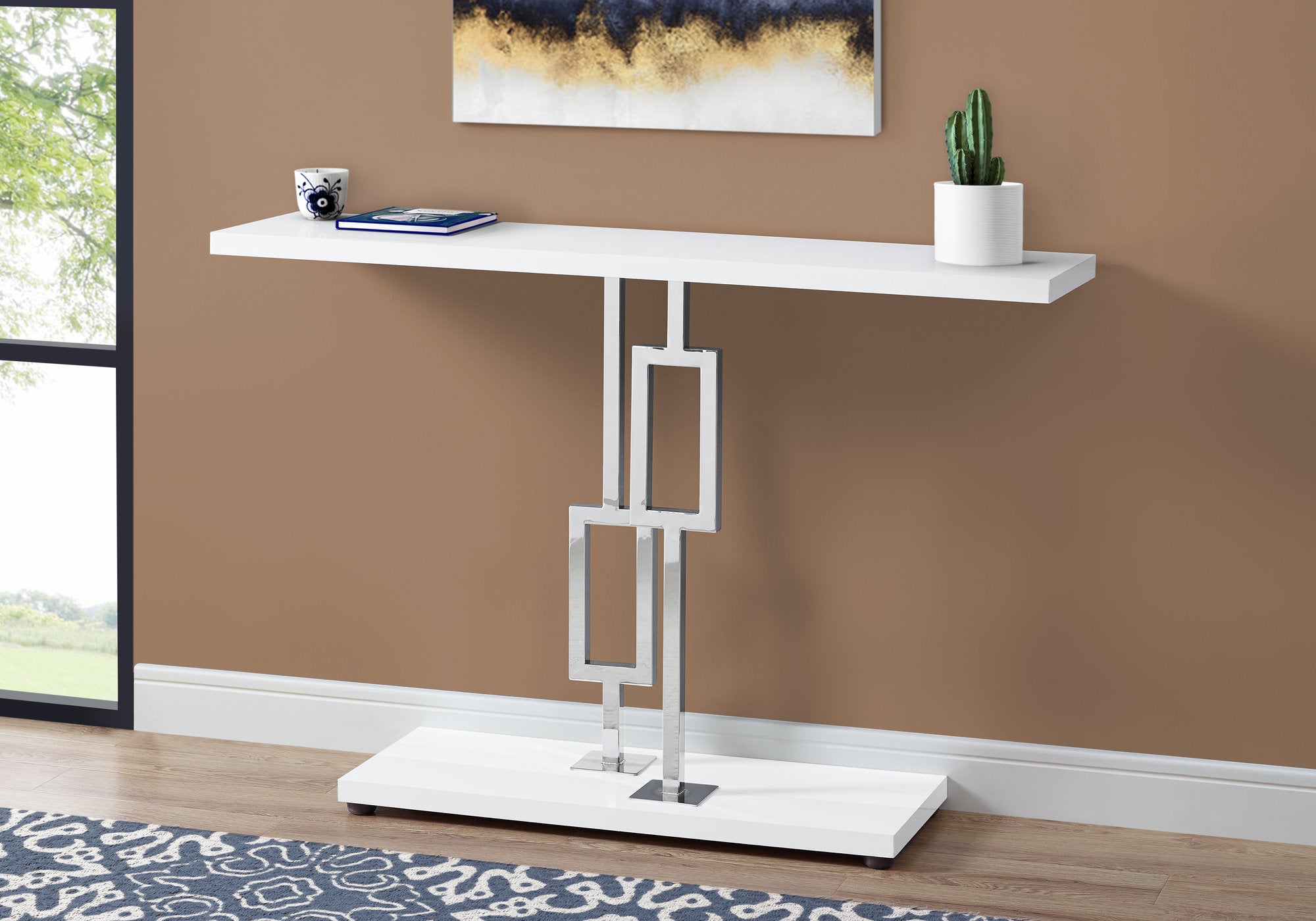 ACCENT TABLE - 48""L / GLOSSY WHITE / CHROME METAL