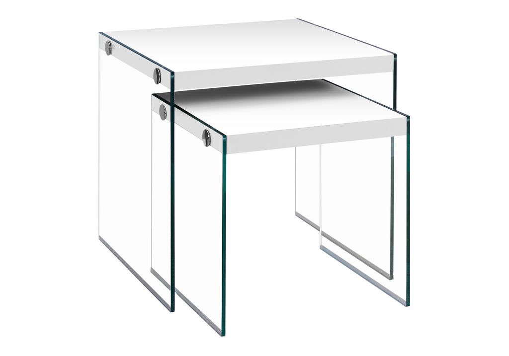 NESTING TABLE - 2PCS SET / GLOSSY WHITE / TEMPERED GLASS