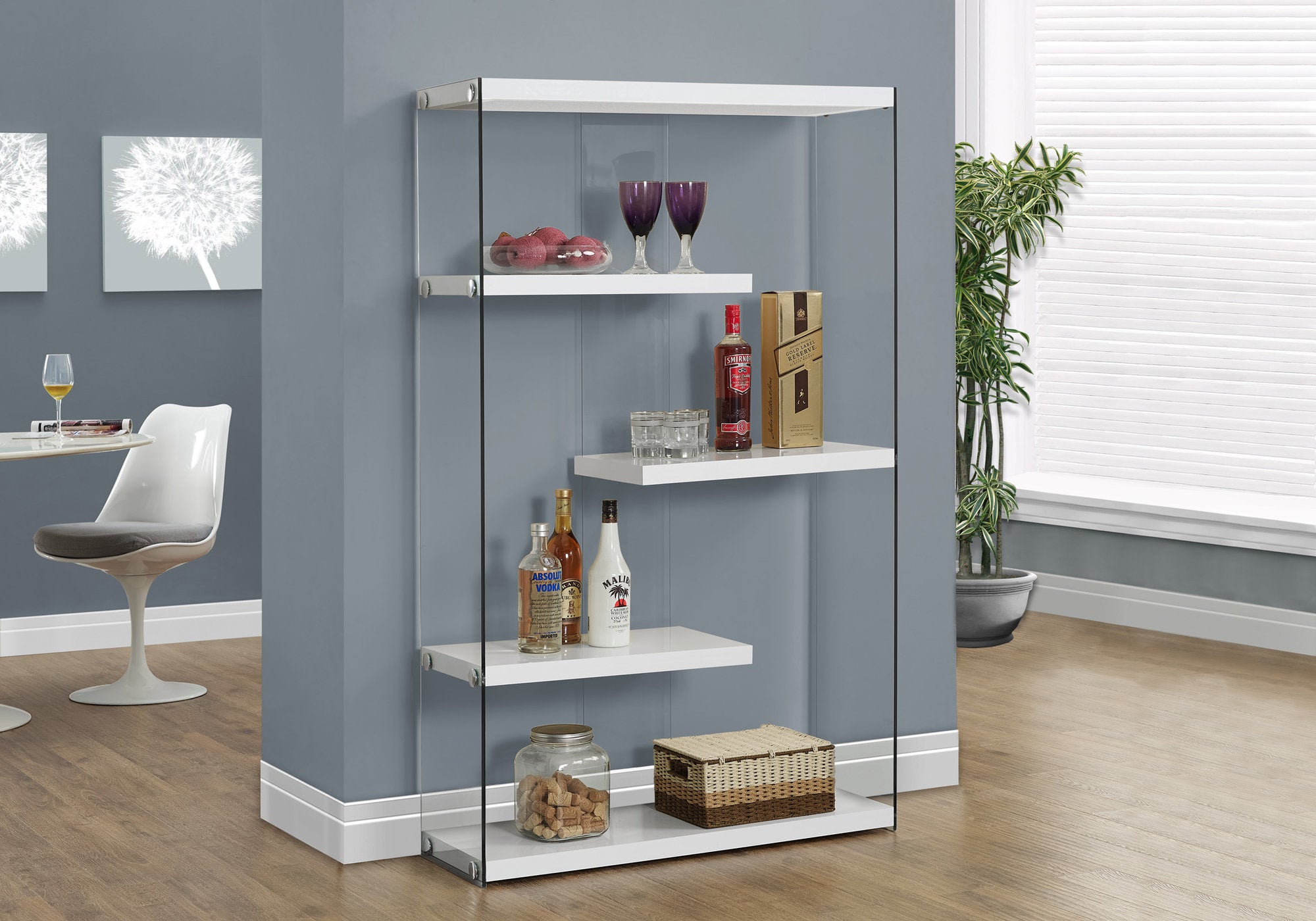 BOOKCASE - 60""H / GLOSSY WHITE WITH TEMPERED GLASS