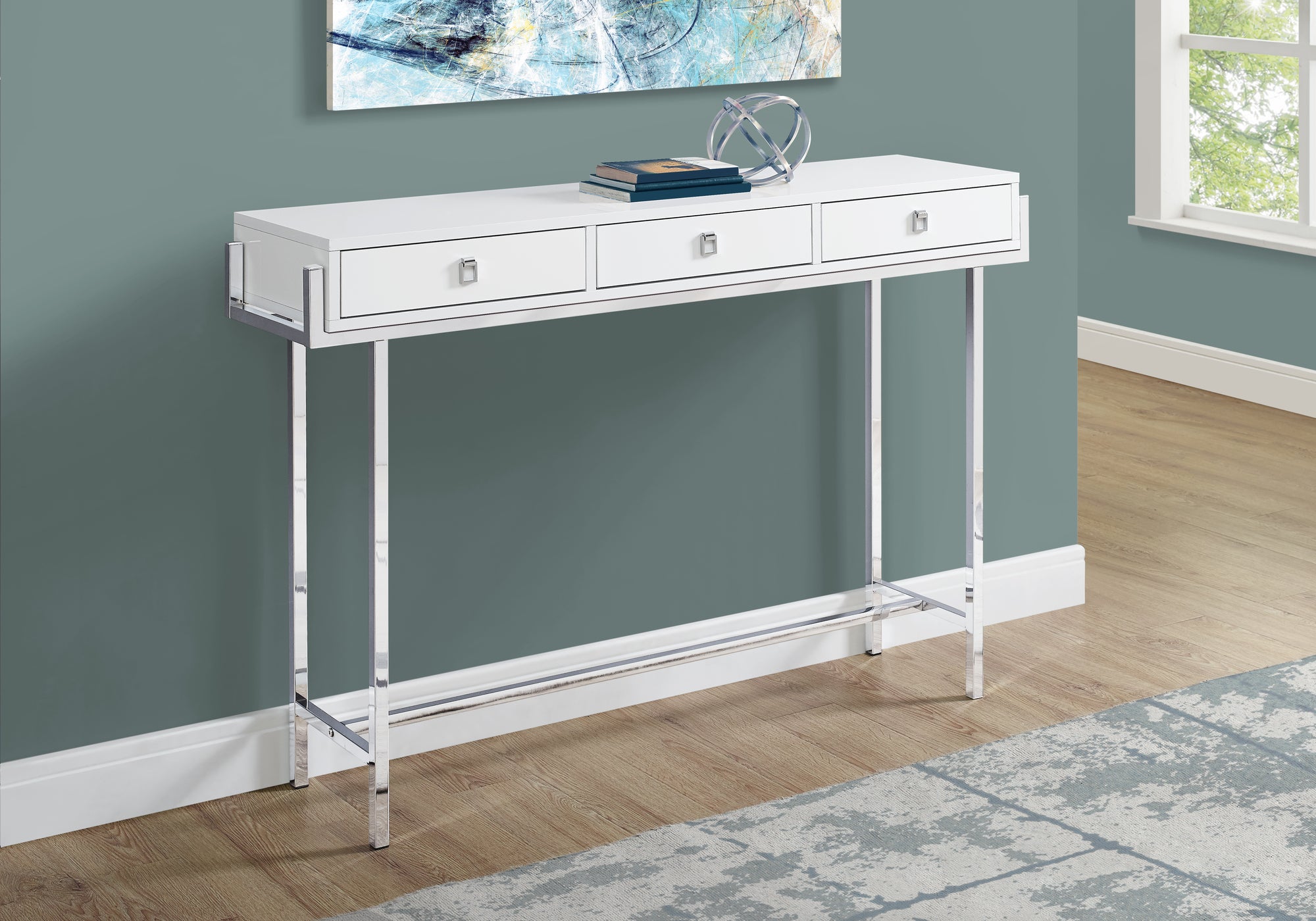 ACCENT TABLE - 48""L / GLOSSY WHITE / CHROME METAL