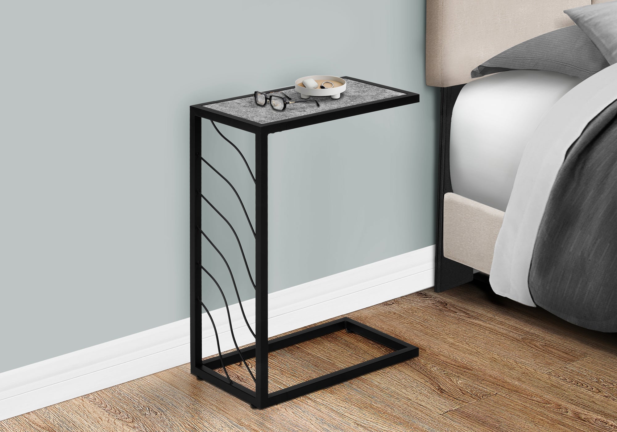 ACCENT TABLE - 25""H / GREY STONE-LOOK / BLACK METAL