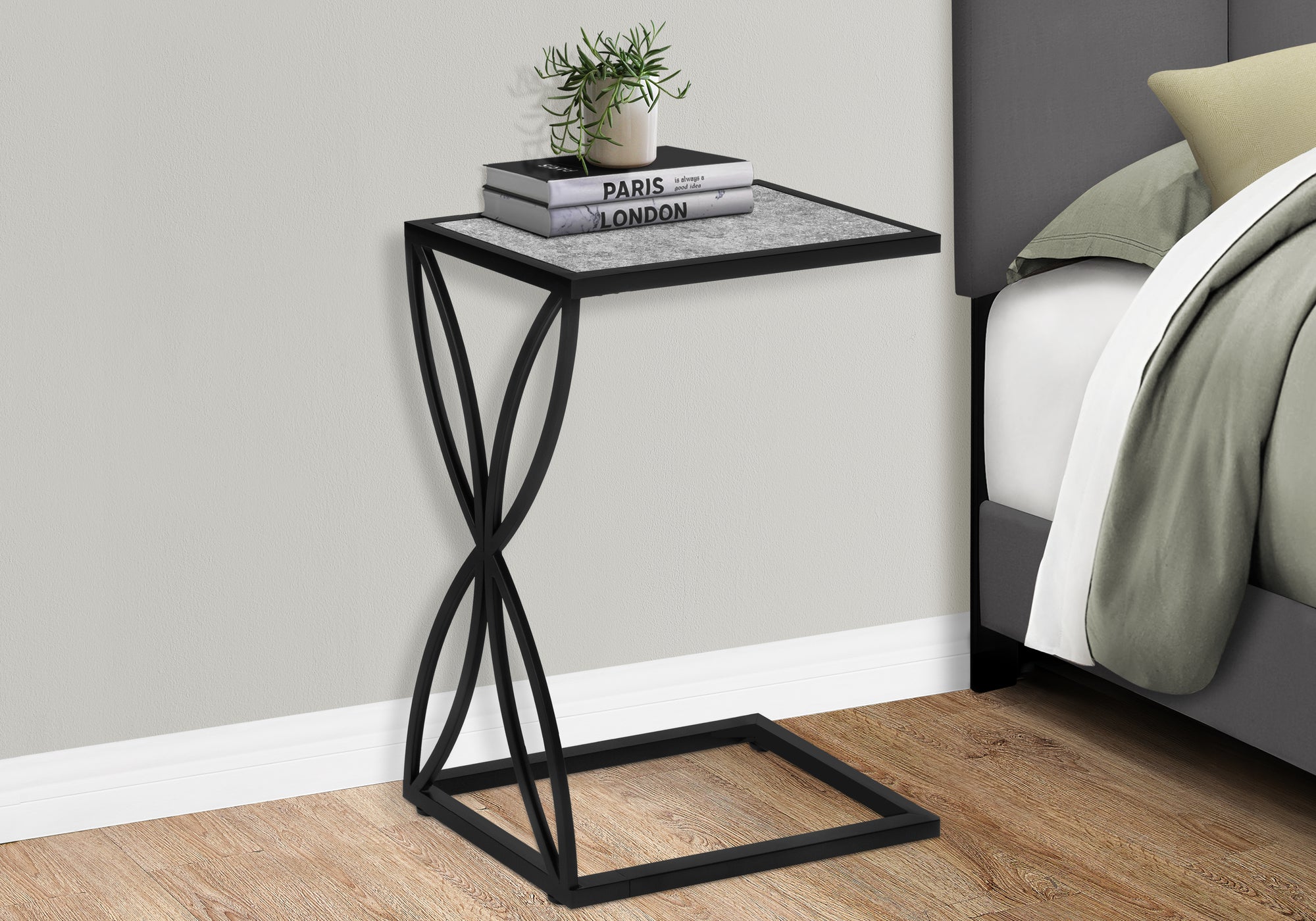 ACCENT TABLE - 25""H / GREY STONE-LOOK / BLACK METAL